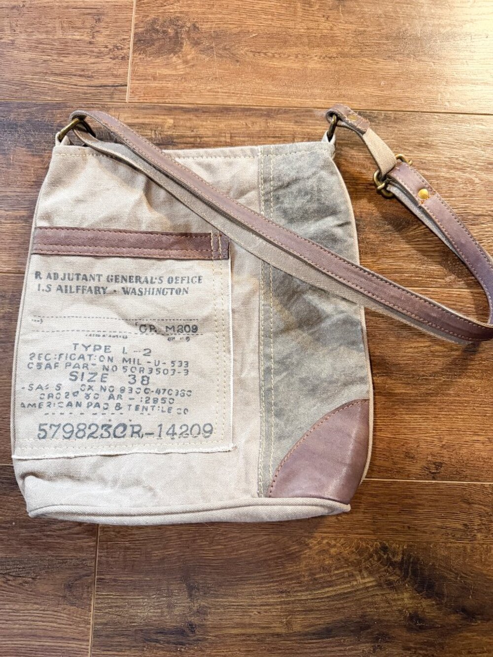 Mona B “Identified” Upcycled Canvas Crossbody Bag Vegan Leather Distressed - Picture 8 of 10